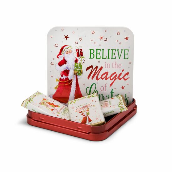 Diese hübsche, weihnachtliche Metalldose ist gefüllt mit 3 Täfelchen Edel-Vollmilch Schokolade (insgesamt 30 g). 2 Motive sortiert.