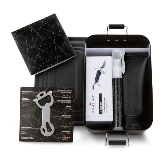 Für Outdoor-Fans: Schwarze ROMINOX® Lunchbox mit 1 Multitool, 1 Outdoor-Besteck mit 6 Funktionen, 1 Handreinigungsspray & 1 Handcreme
