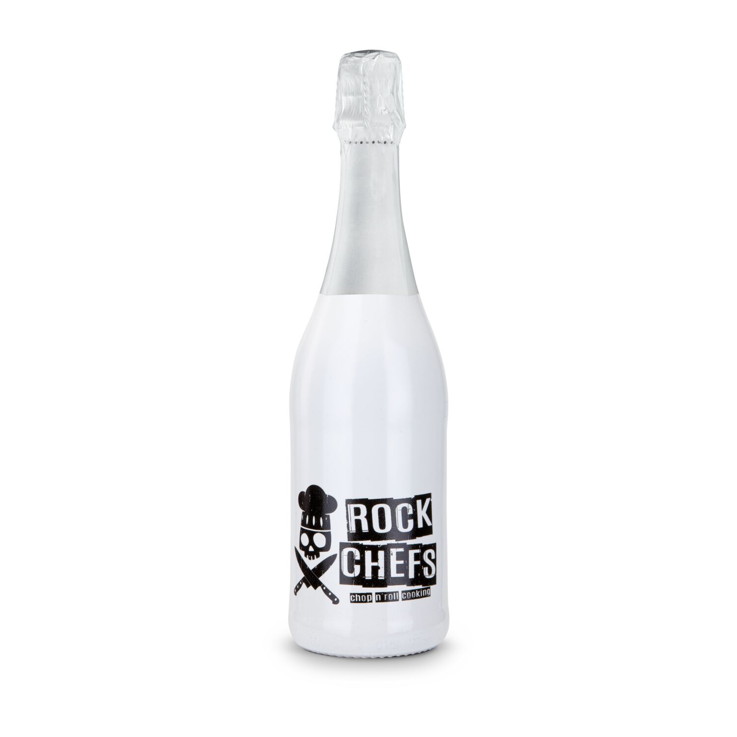 Weiß lackierte Flasche Cuvée Sekt (0,75 l) mit Druck „White Edition“, gebettet auf schwarzem Sizzle und verpackt im schwarzen Präsentkarton.