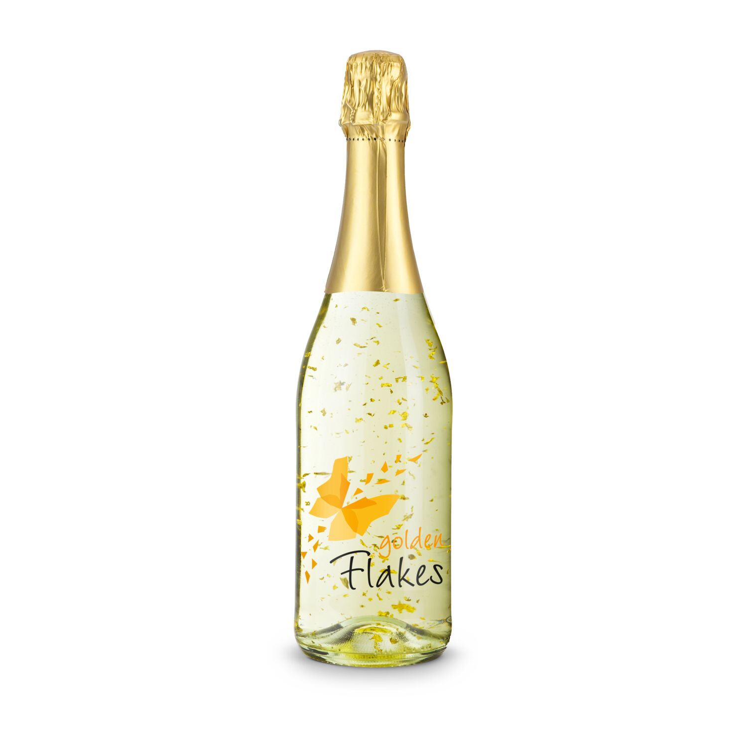 Klare Flasche mit Goldflockentraum (0,75 l) mit Druck „Gold Edition“, gebettet auf schwarzem Sizzle im goldenen Karton.