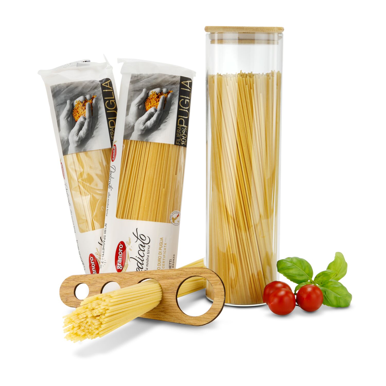 Buon appetito! 2 x 500 g Spaghetti, ein praktisches Spaghettimaß mit 4 Größen verpackt in einem ROMINOX® Spaghettiglas mit Bambusdeckel.