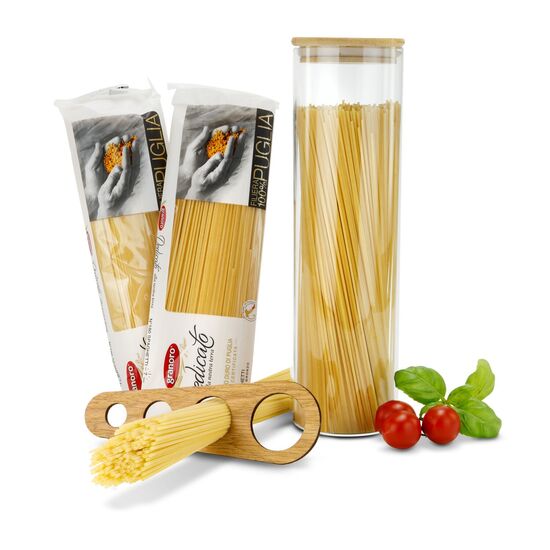 Buon appetito! 2 x 500 g Spaghetti, ein praktisches Spaghettimaß mit 4 Größen verpackt in einem ROMINOX® Spaghettiglas mit Bambusdeckel.