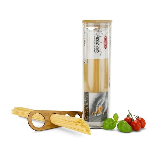 Buon appetito! 2 x 500 g Spaghetti, ein praktisches Spaghettimaß mit 4 Größen verpackt in einem ROMINOX® Spaghettiglas mit Bambusdeckel.