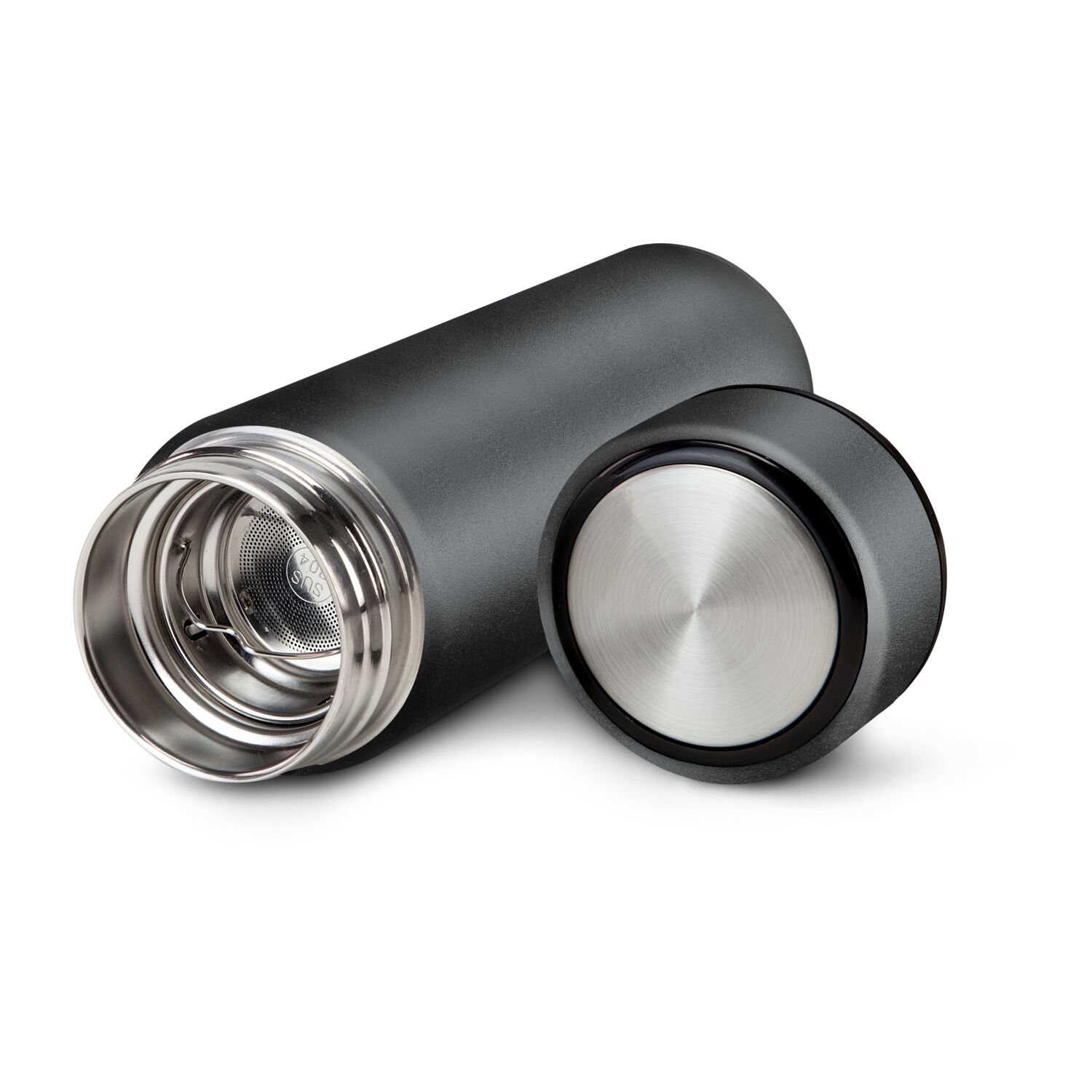 ROMINOX® Isolierflasche Calida (ca. 350 ml) kombiniert mit leckerem Früchtetee im Korkenglas (ca. 45 g). Im schwarzen Geschenkkarton.