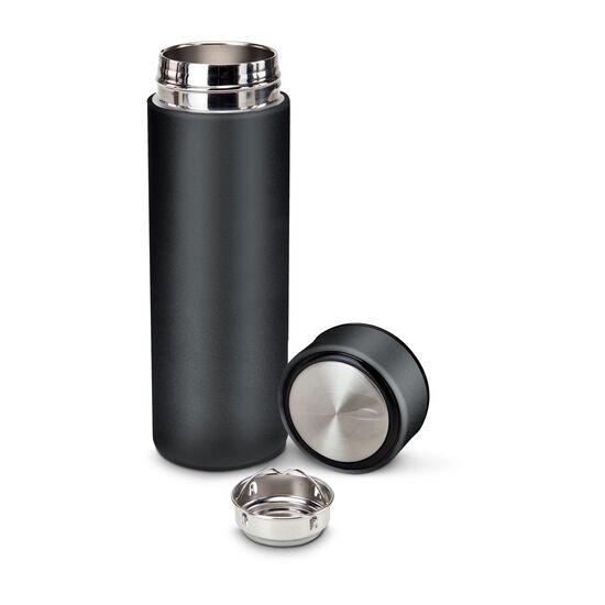 ROMINOX® Isolierflasche Calida (ca. 350 ml) kombiniert mit leckerem Früchtetee im Korkenglas (ca. 45 g). Im schwarzen Geschenkkarton.