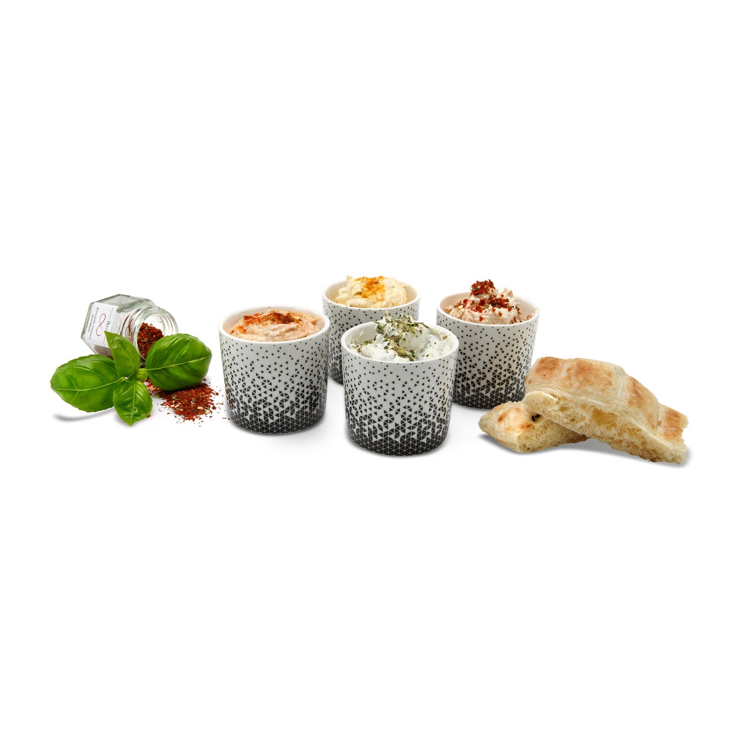 Das Set enthält 4 ROMINOX® Mini-Snackbecher aus Keramik und 4 verschiedene Dip-Mischungen.