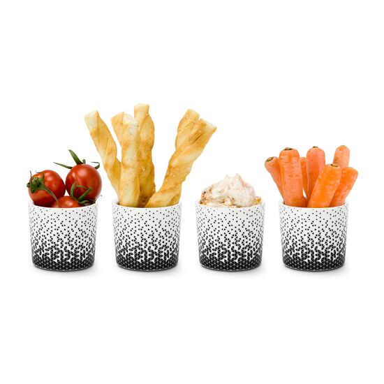 Das Set enthält 4 ROMINOX® Mini-Snackbecher aus Keramik und 4 verschiedene Dip-Mischungen.