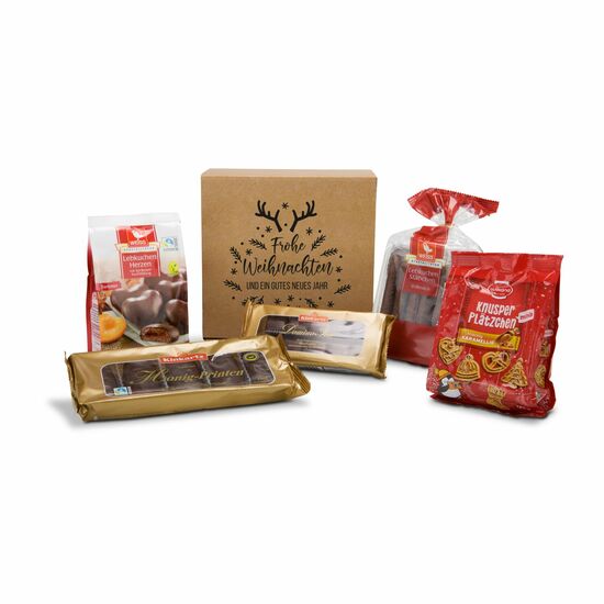 Diese weihnachtliche Leckereien-Box enthält Lebkuchen, Plätzchen, Dominosteine, Lebkuchen Herzen und Honig Printen