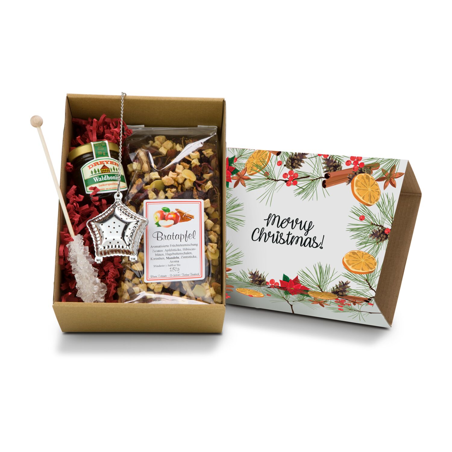 Ein Tee-Ei in Sternform, 150 g Früchtetee, ein Kandisstick und ein Glas Honig (50 g) verpackt in festlich dekoriertem Karton