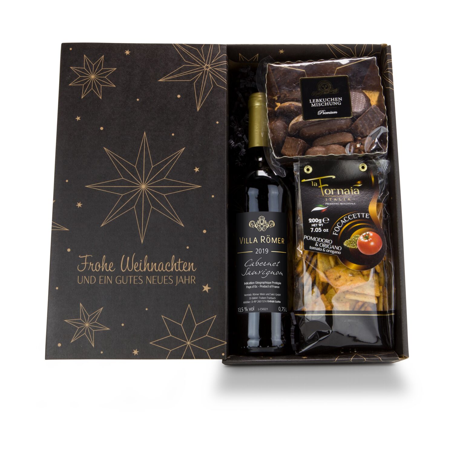 Einen Rotwein Cabernet Sauvignon, 200 g Kräcker und 200 g Lebkuchenmischung verpackt im weihnachtlichen Geschenkkarton