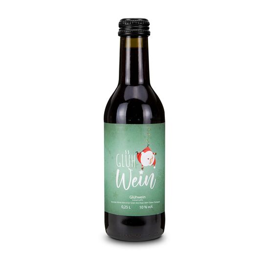 0,25 l Flasche Glühwein, 100 g gebrannte Mandeln und 100 g Glühweinbonbons verpackt in einem roten Weihnachtskarton