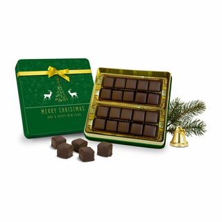 Diese weihnachtliche Metalldose ist gefüllt mit 20 Dominosteinen aus edler Zartbitterschokolade (250 g)