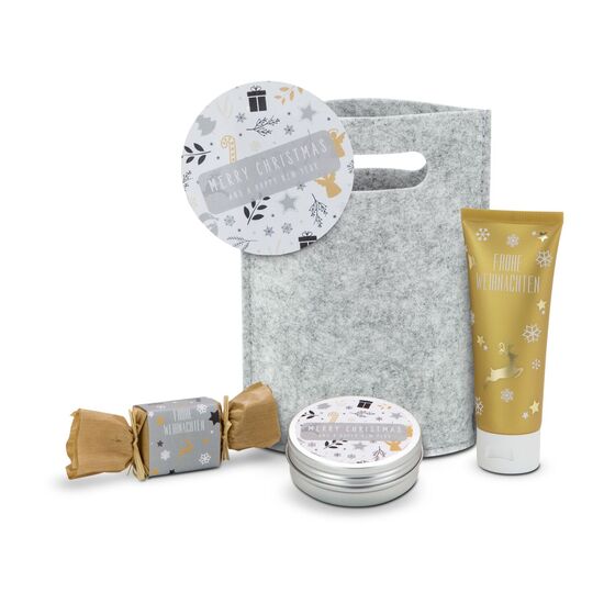 Kundenpflege zu Weihnachten: Hand- und Nagelcreme, 30 g feste Seife & 58 g festes Shampoo verpackt in Filztasche mit Geschenkanhänger