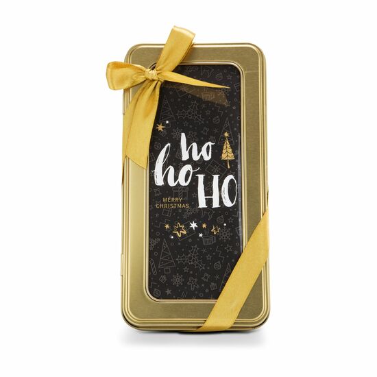 8 alkoholfreie Pralinen (100 g) verpackt in einer goldenen Dose mit Schleife und weihnachtlichem „Ho Ho Ho“ Einleger