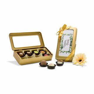 8 alkoholfreie Pralinen (100 g) verpackt in einer goldenen Dose mit Schleife und „Vielen Dank“ Einleger