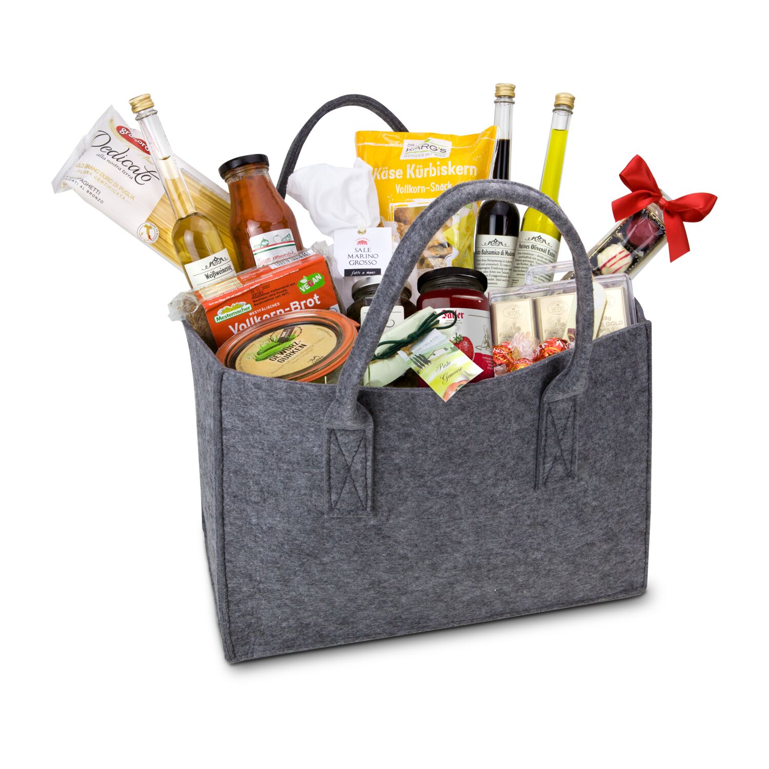 XL Premium Filztasche alkoholfrei & vegetarisch, 15 verschiedene, leckere Produkte, inkl. Essig & Öl, herzhaften Snacks und süßen Leckereien