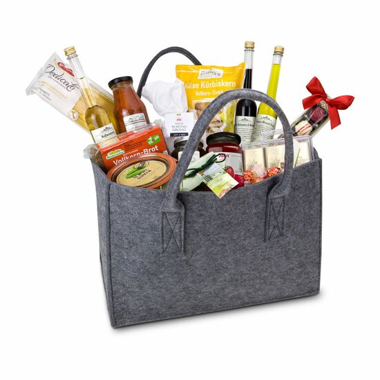 XL Premium Filztasche alkoholfrei & vegetarisch, 15 verschiedene, leckere Produkte, inkl. Essig & Öl, herzhaften Snacks und süßen Leckereien