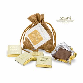 Kleines Säckchen gefüllt mit 5 „Vielen Dank“ Lindt Mini-Milchschokolade-Täfelchen und weihnachtlichem Geschenkanhänger
