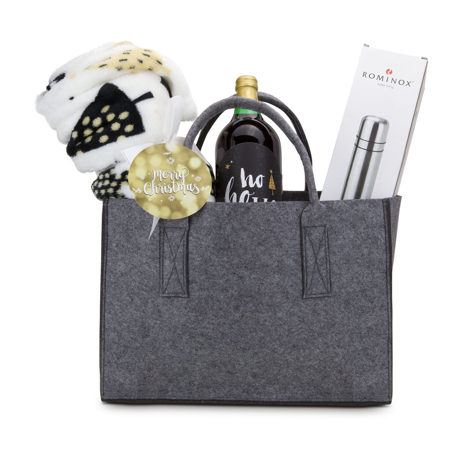 1 Flasche Glühwein (1 l), 1 ROMINOX® Isolierkanne (750 ml) und 1 Kuscheldecke Merry Christmas in veganer Filztasche (100 % recyceltes PET)