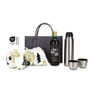 1 Flasche Glühwein (1 l), 1 ROMINOX® Isolierkanne (750 ml) und 1 Kuscheldecke Merry Christmas in veganer Filztasche (100 % recyceltes PET)