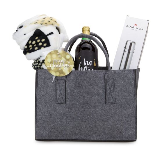 1 Flasche Glühwein (1 l), 1 ROMINOX® Isolierkanne (750 ml) und 1 Kuscheldecke Merry Christmas in veganer Filztasche (100 % recyceltes PET)