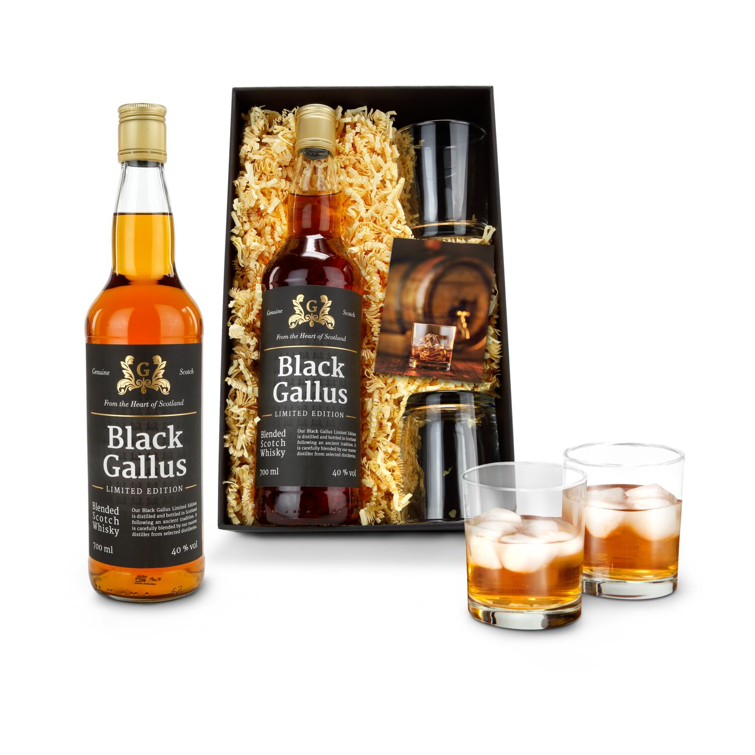 1 Black Gallus Limited Edition Whisky aus dem Herzen Schottlands kombiniert mit 2 Whiskygläsern und einem Info-Kärtchen