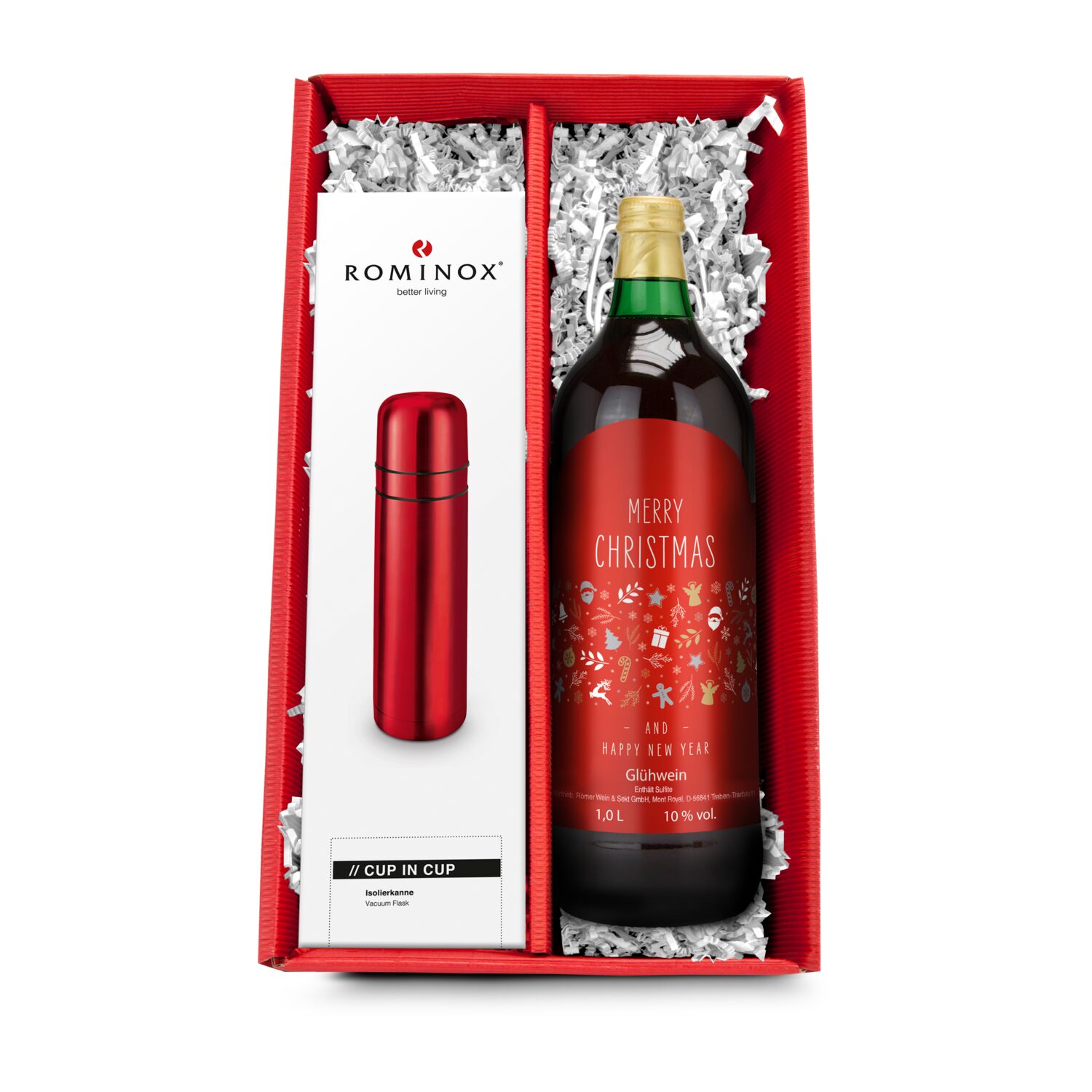 Rot in Rot: Eine rote ROMINOX® Isolierkanne mit 2 Bechern (0,75 l) und 1 Flasche Glühwein (1 l) im roten Geschenkkarton