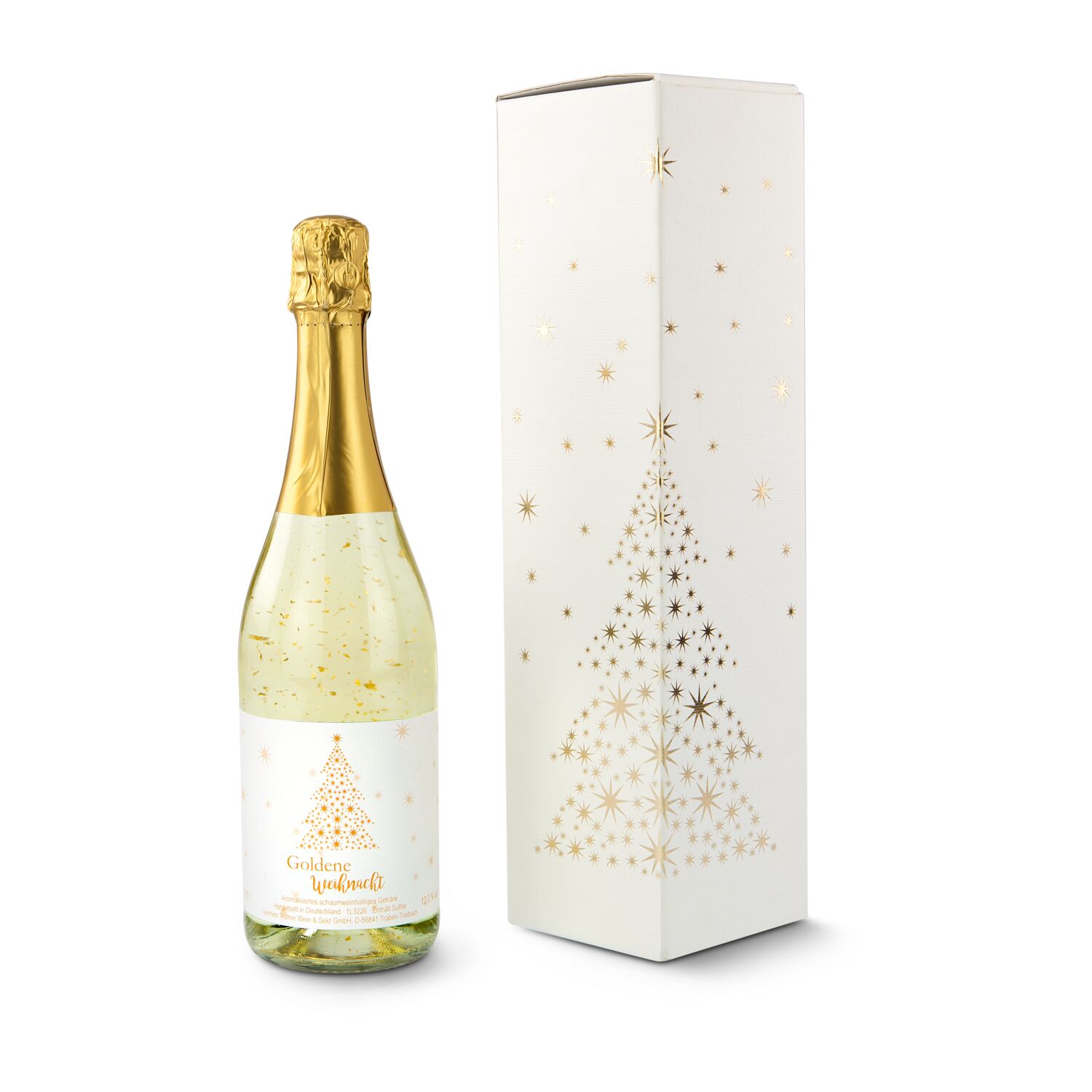 Sorgen Sie für prickelnde Momente mit unserer Flasche Golden Flakes verpackt in weißer Kartonage mit weihnachtlicher Goldfolienprägung.