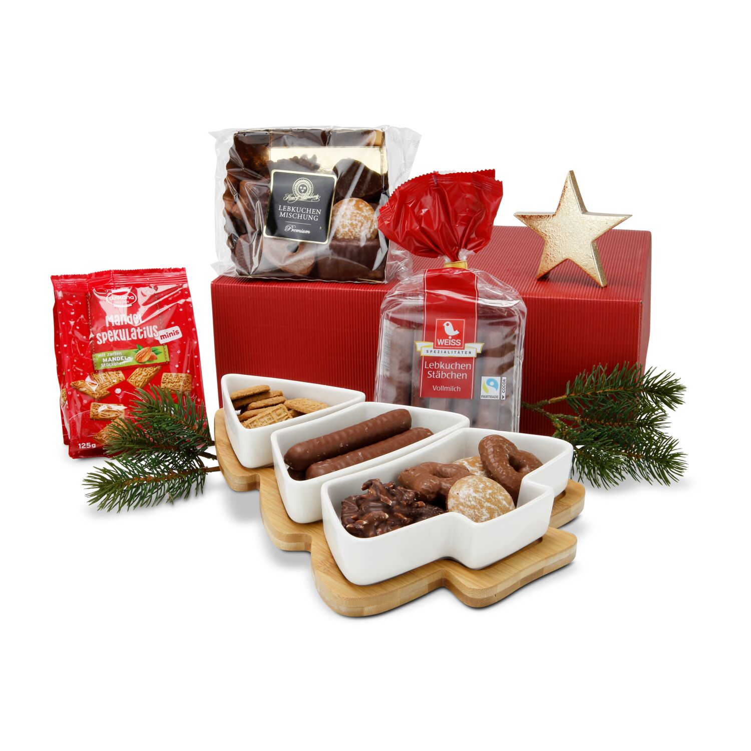 Das ROMINOX® Servierschalenset Tre Arbo kombiniert mit Lebkuchen, Lebkuchen Stäbchen und Mini-Plätzchen - verpackt im rotem Geschenkkarton.