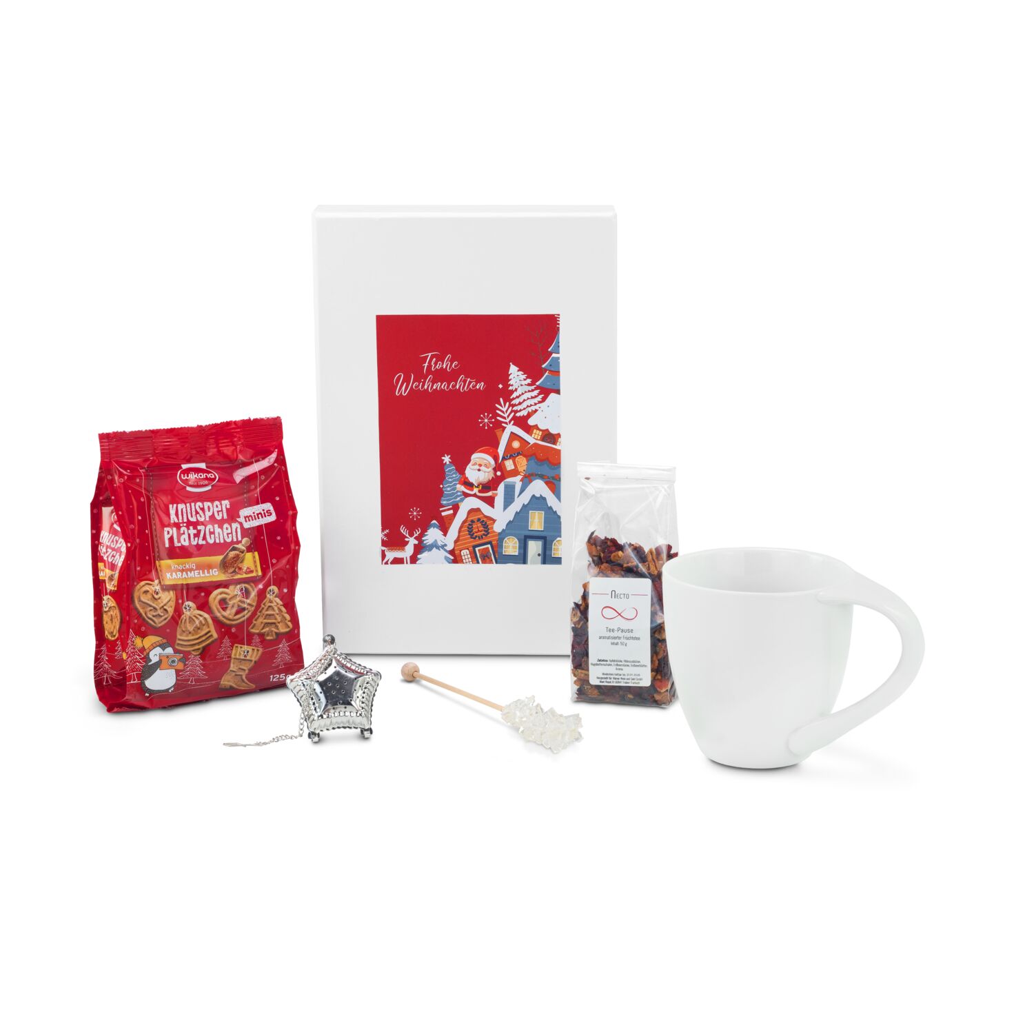 In der weißen Geschenkbox liegen 1 Tasse, 1 Früchtetee, 1 Kandisstick, 1 silbernes Teesieb und Knusperplätzchen