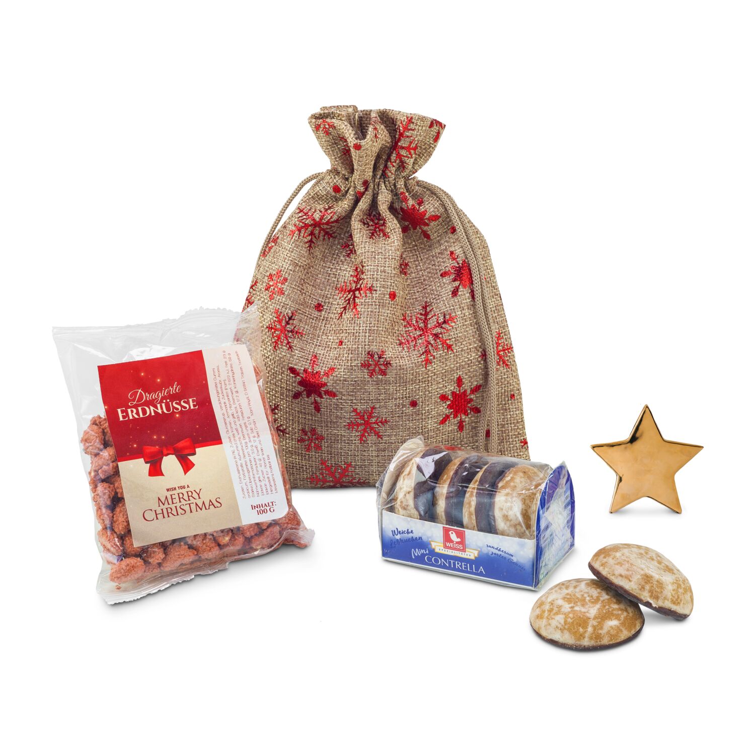 Ein Mini-Weihnachtsmarkt für zu Hause: 50 g glasierte Mini Lebkuchen und 100 g dragierte Erdnüsse im Jutesack mit Schneeflocken-Aufdruck.