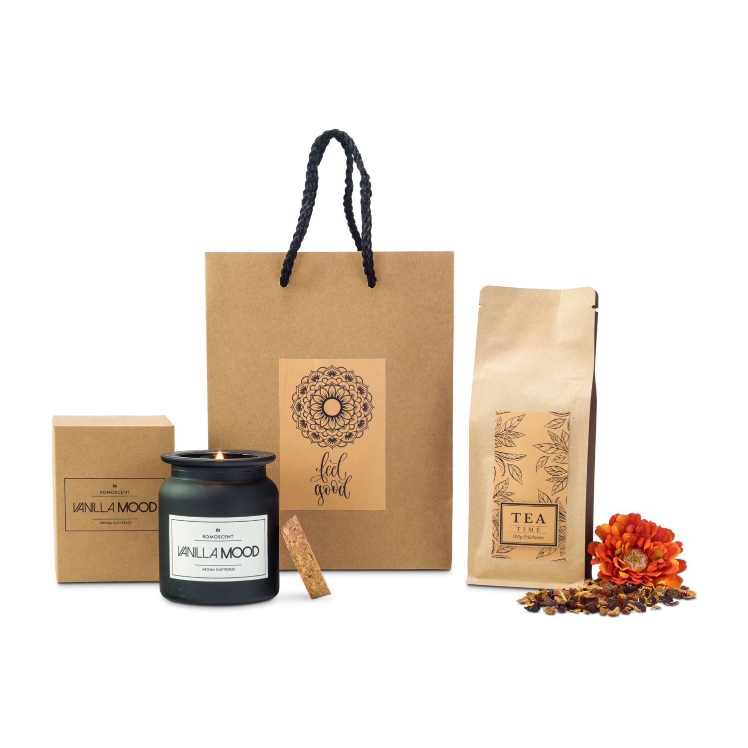 In der naturfarbenen Tüte mit "Feel Good" Aufkleber befinden sich ein Früchtetee Vanille-Sahne und eine ROMOSCENT® Aromakerze.