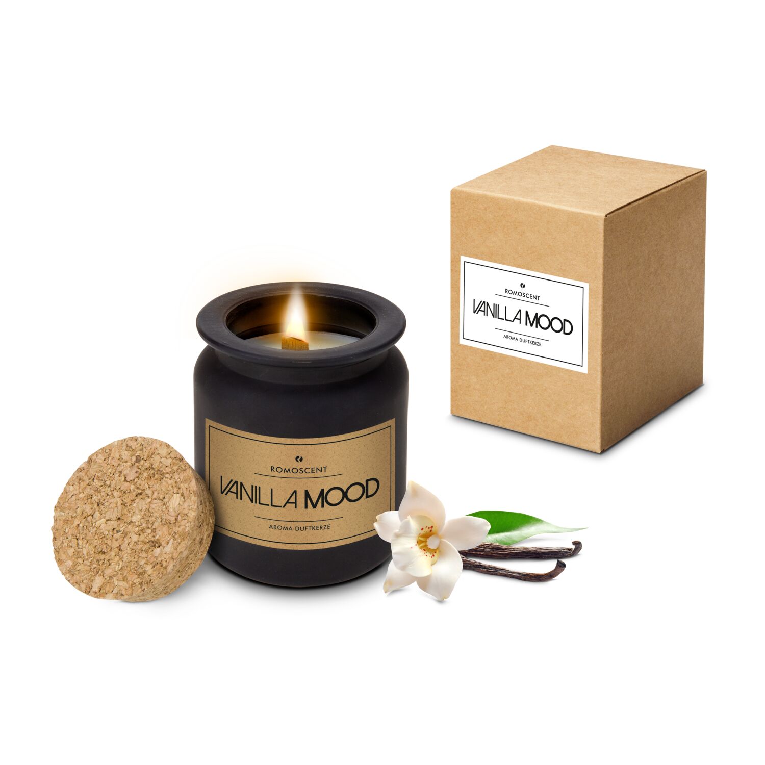 In der naturfarbenen Tüte mit "Feel Good" Aufkleber befinden sich ein Früchtetee Vanille-Sahne und eine ROMOSCENT® Aromakerze.