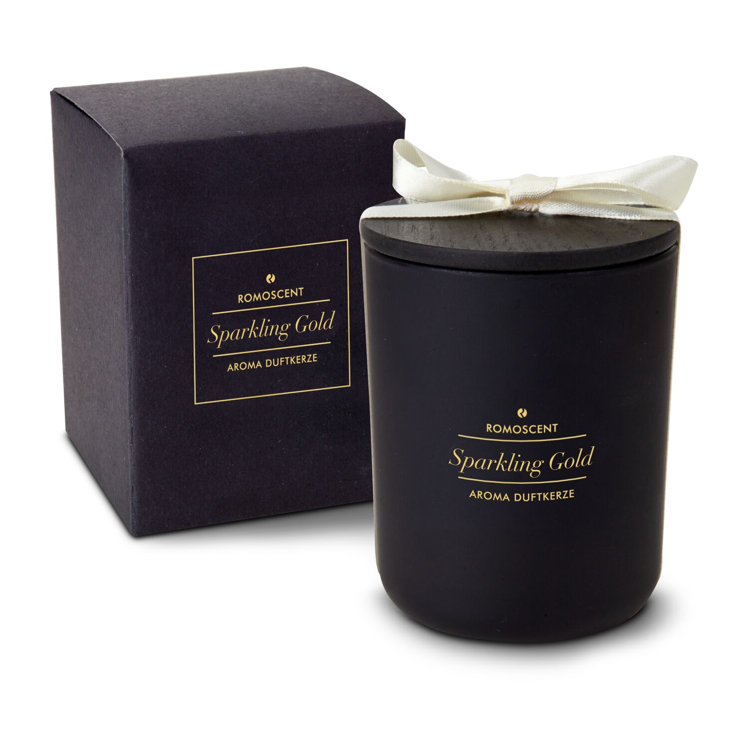 Die Tüte ist gefüllt mit "Du bist Gold wert" Secco (0,2 L), 3 goldenen Lindt Lindor Kugeln und einer ROMOSCENT® Sparkling Gold Duftkerze.