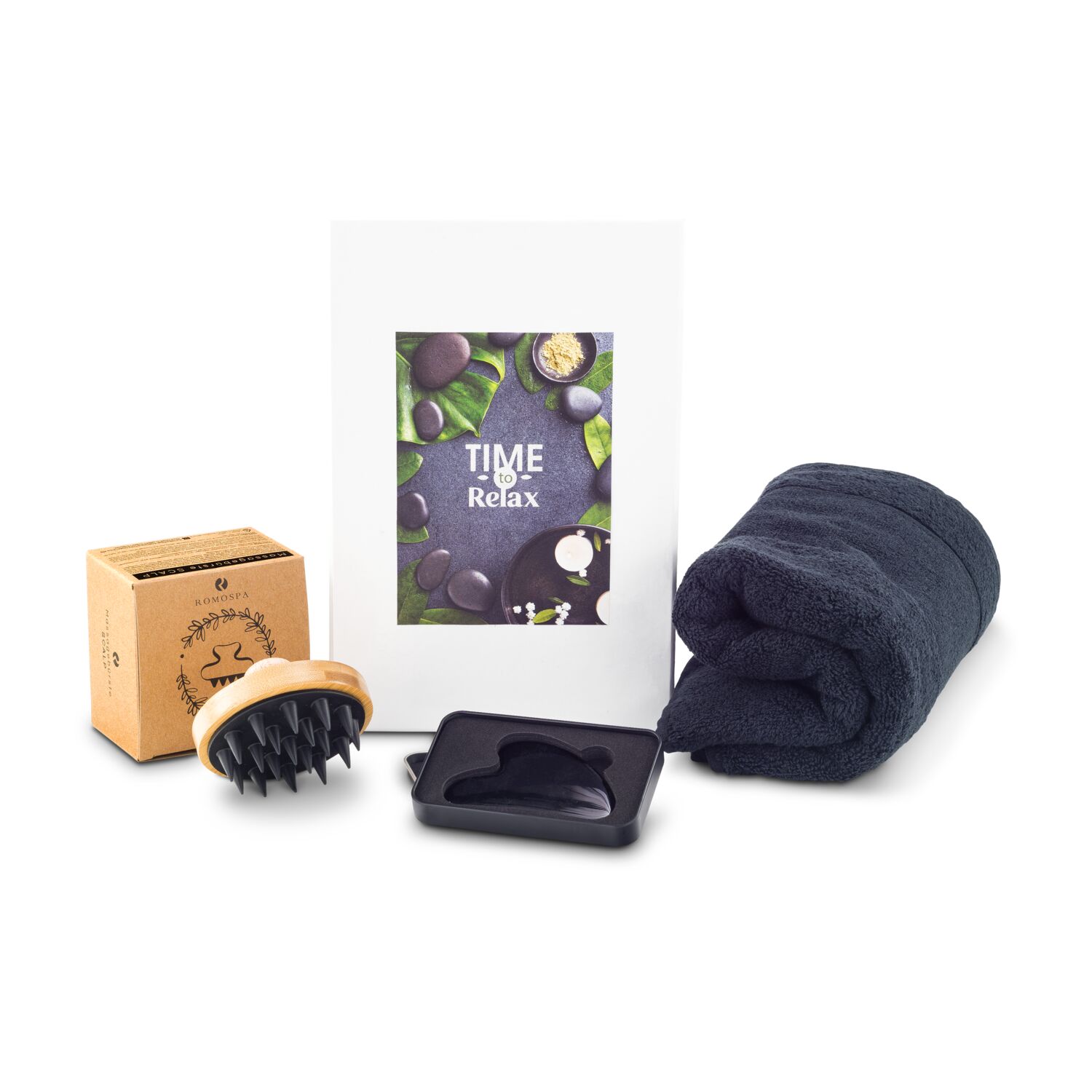 In dieser schönen Geschenkbox mit Aufkleber befinden sich ein Handtuch, eine Massagebürste und ein Gua Sha Massagestein.