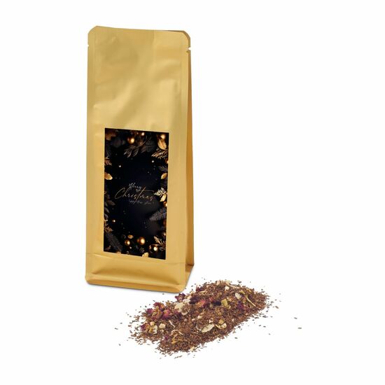 Dieser leckere Früchtetee (100 g) mit Apfelstücken, Orangenschalen und Zimt kommt in einem goldenen Beutel mit edlem Weihnachtsmotiv.