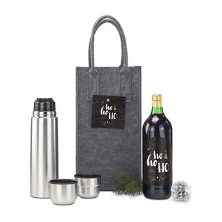 Ein leckerer Glühpunsch (1 l, alkoholfrei) und eine praktische ROMINOX® Isolierkanne verpackt in einer ROMINOX® Filztasche mit Henkeln.