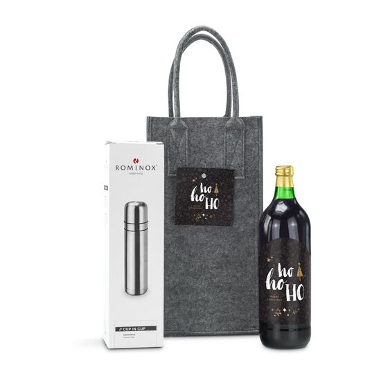 Ein leckerer Glühpunsch (1 l, alkoholfrei) und eine praktische ROMINOX® Isolierkanne verpackt in einer ROMINOX® Filztasche mit Henkeln.
