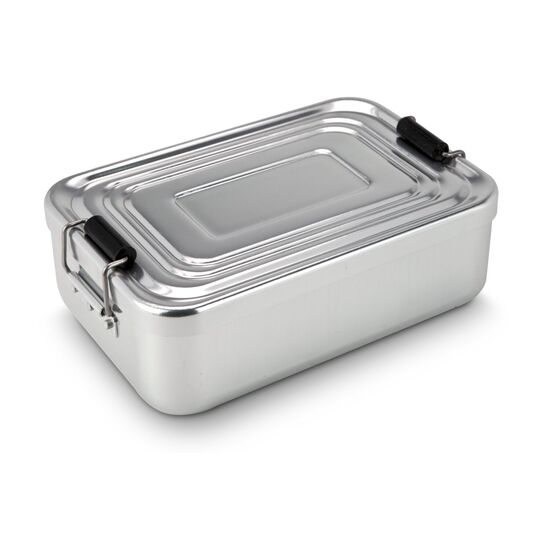 Eine silberne ROMINOX® Lunchbox Quadra gefüllt mit je 2 Lindorkugeln aus Vollmilch & weißer Schokolade und Mini-Butterkeksen.