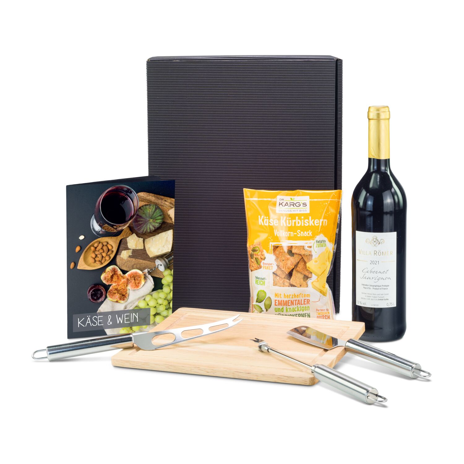 Das Set für Käseliebhaber: Käse & Wein Ratgeber, Käsebrett, Käsebeil, Käsemesser, Käseschneider und 1 Cabernet Sauvignon sowie Käsecracker