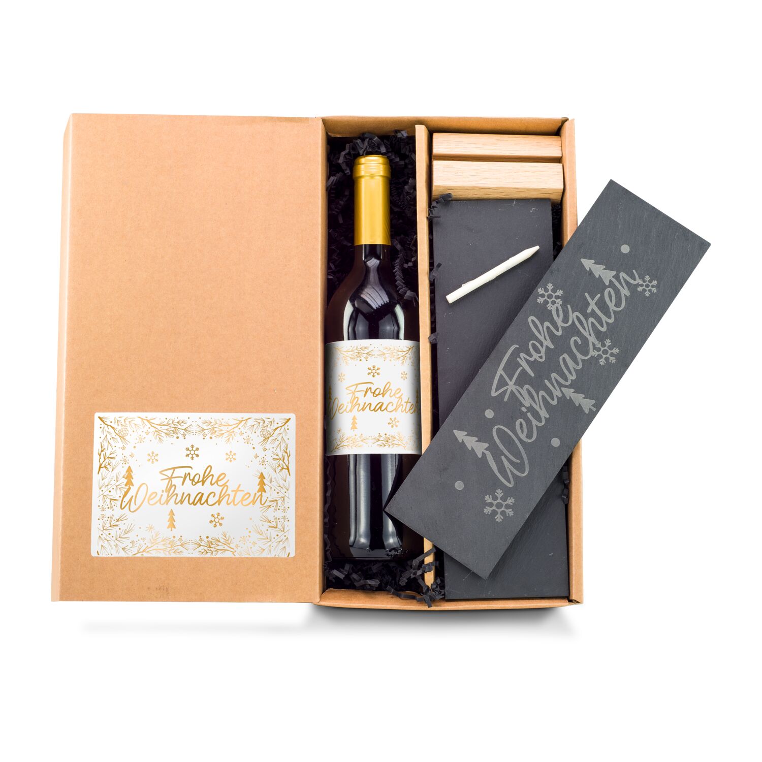 Hier trifft eine Flasche Cabernet Sauvignon auf zwei Schieferplatten mit einem Holzständer, verpackt in naturfarbenem Karton mit.