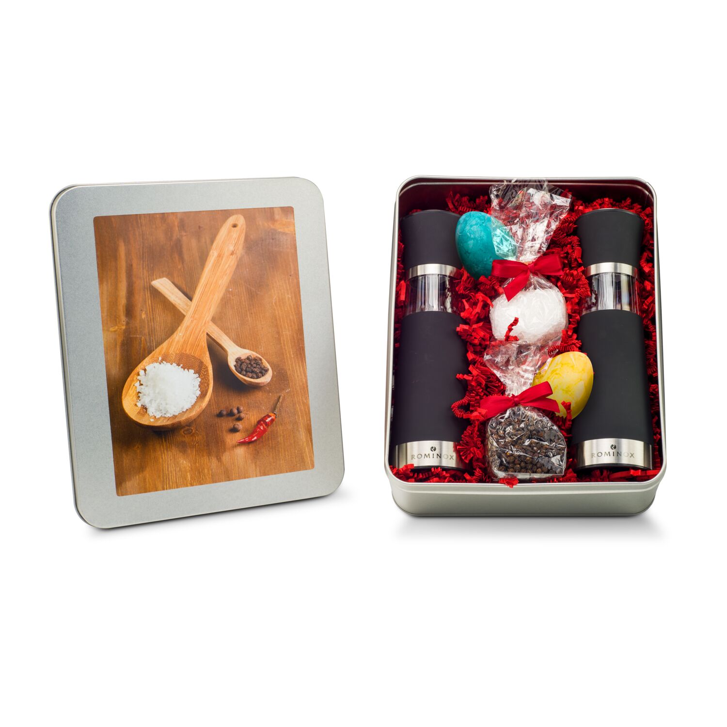 2 elektrische ROMINOX® Mühlen, je ein Tütchen Meersalz und Pfeffer, 2 Ostereier, in Silberdose