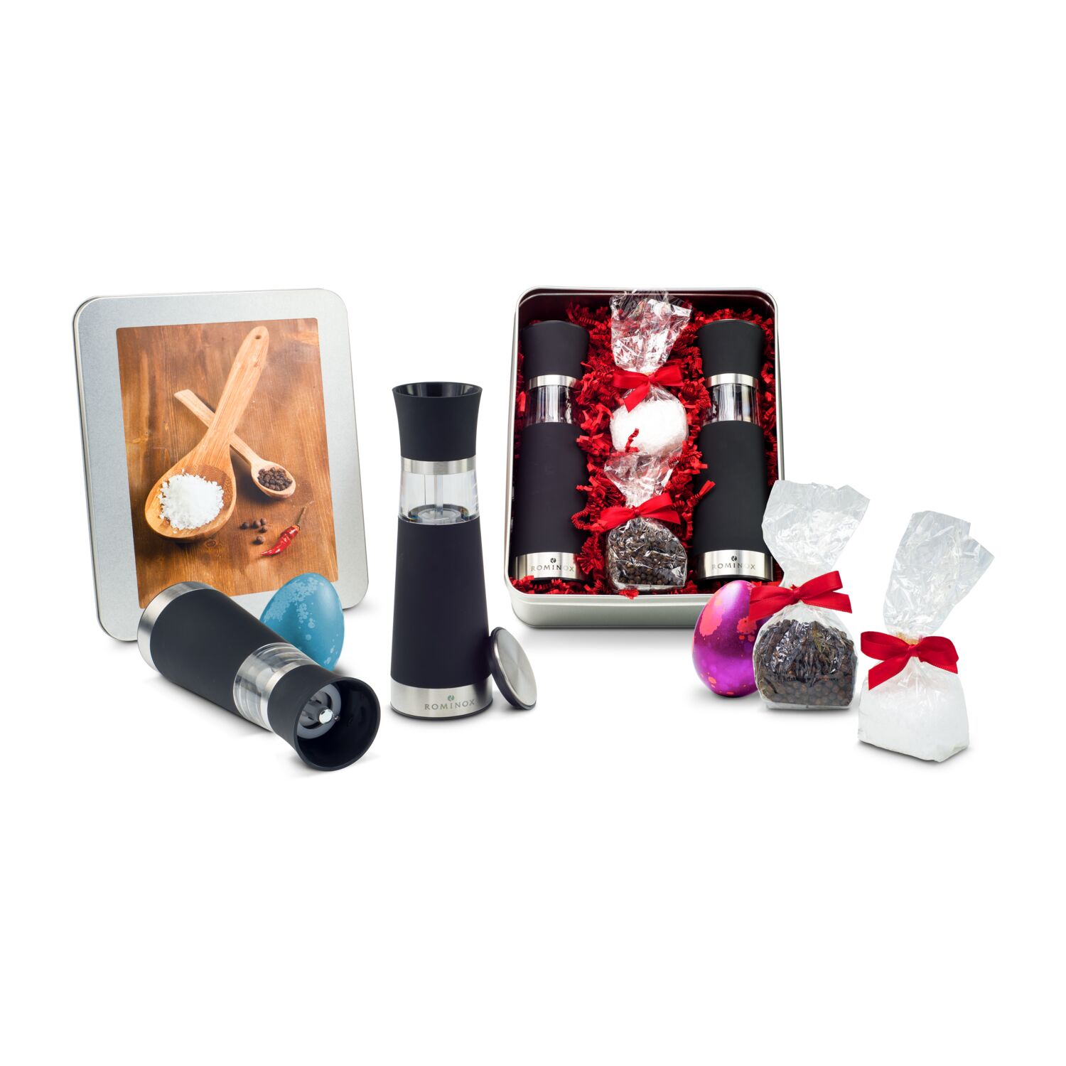 2 elektrische ROMINOX® Mühlen, je ein Tütchen Meersalz und Pfeffer, 2 Ostereier, in Silberdose