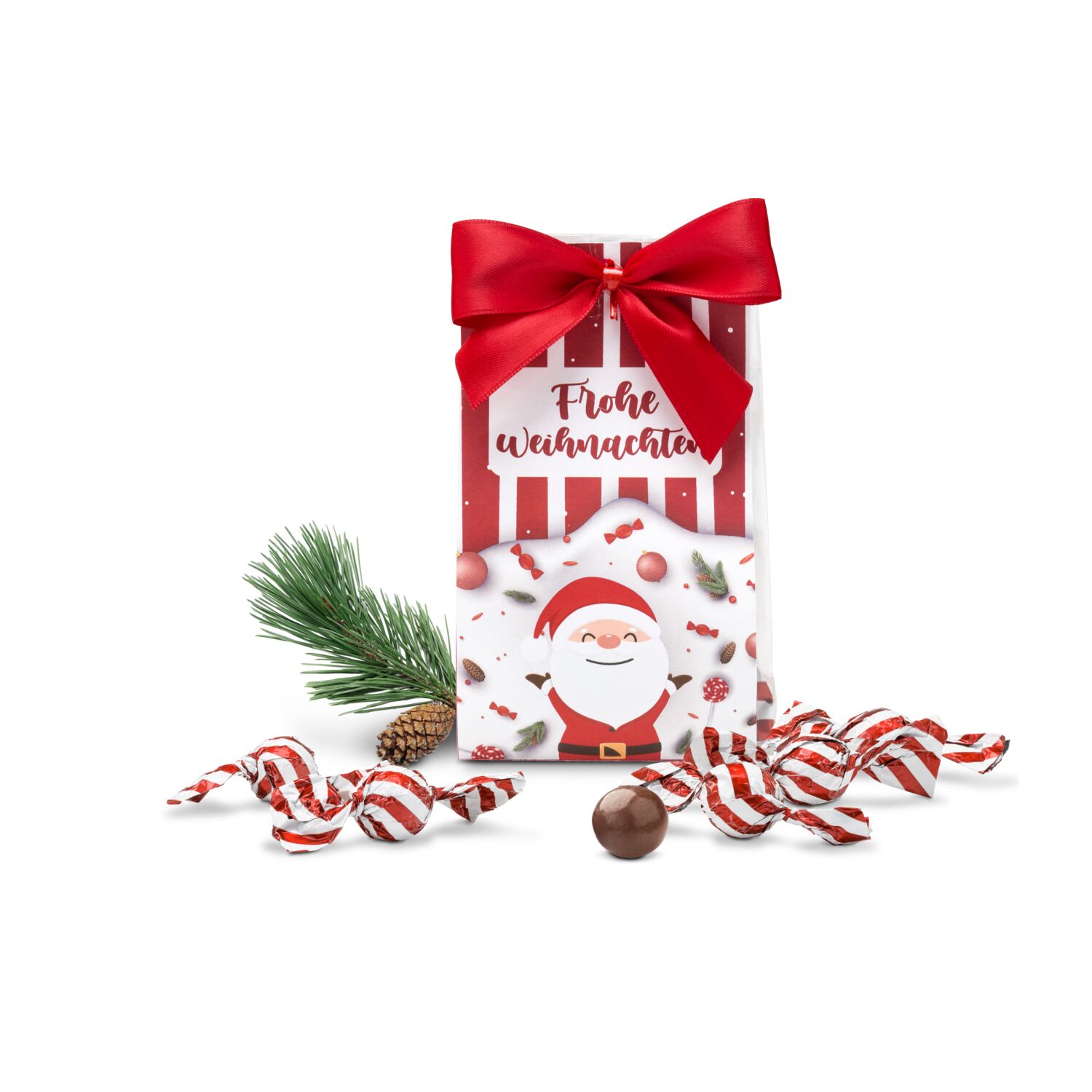 In dieser süßen Geschenktüte finden Sie 6 leckere Confiserie Nougatpralinen gewickelt in weiß-rot-gestreiftem Bonbonpapier.