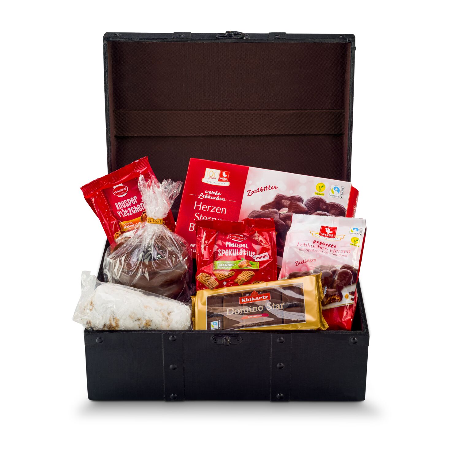 Knusper-Miniplätzchen, Mini-Spekulatius, Baumkuchen, Dominosteine, Lebkuchenherzen, Lebkuchen und Stollen verpackt in einer Schatzkiste.