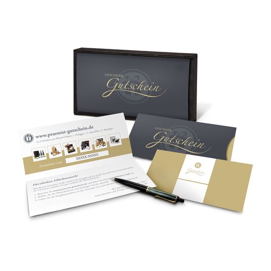 Treffen Sie garantiert den richtigen Geschmack des Beschenkten! Geschenkgutschein im Holzkästchen zur einfachen Online Einlösung.
