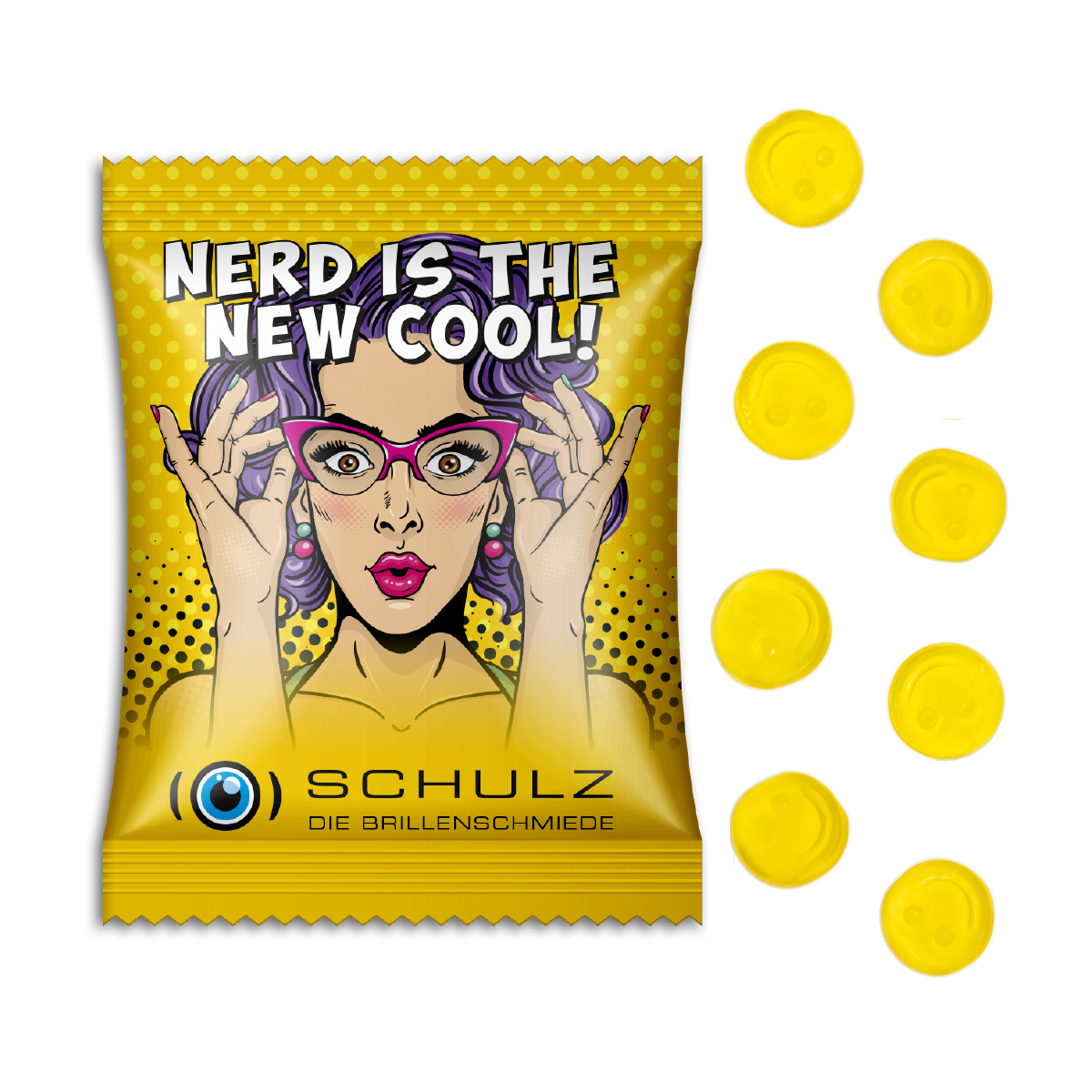 Fruchtgummi Standardformen, ca. 60 x 90 mm, 10 g, Standard-Folie transparent - Smilie