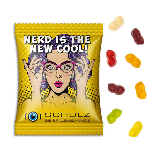Fruchtgummi Standardformen, ca. 60 x 90 mm, 10 g, Papier/PE-Verbundfolie weiß - Brille