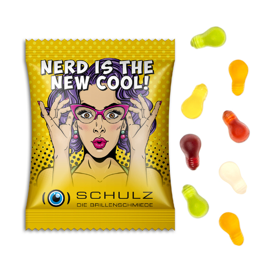 Fruchtgummi Standardformen, ca. 60 x 90 mm, 10 g, weiße kompostierbare Folie - Glühbirne