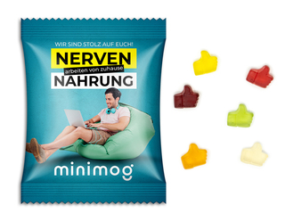 Fruchtgummi Standardformen, ca. 70 x 90 mm, 15 g, Papier/PE-Verbundfolie weiß - Daumen hoch